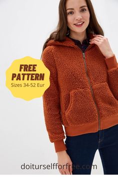 a woman wearing an orange jacket with the text free pattern sizes 34 - 42 eu