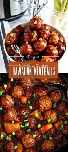 hawaiian meatballs in a pan with green onions on top and the title above it