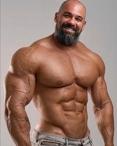 a man with a beard and no shirt is posing for the camera