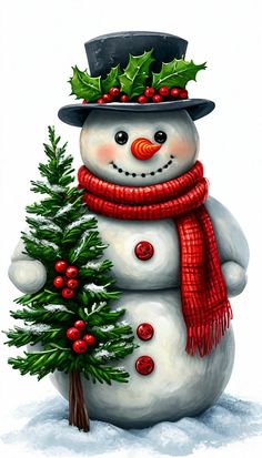 a snowman wearing a hat and scarf holding a christmas tree