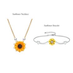 This delicate handmade necklace reminds you of the warm summer days. The realistic look of the sunflower is stunning! Sunflower Necklace: ♥ Base Material: Zinc Alloy ♥ Chain Material: Stainless Steel ♥ Necklace available in Gold or Silver ♥ Size: 51+5 cm Sunflower Earrings: ♥ 925 Sterling Silver Sunflower Ring: ♥ 925 Sterling Silver ♥ Adjustable Size Your jewelry arrives beautifully packaged. Perfect for gift-giving, or keeping for yourself! Comes in cute packaging! Shipping on this item is calculated at checkout. Hand-crafted in New York Black Friday Sales, Sunflower Ring, Sunflower Necklace, Sunflower Earrings, The Sunflower, Steel Necklace, Cute Packaging, Buy One Get One, Handmade Necklace