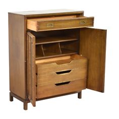 a wooden cabinet with two drawers on one side and an open drawer on the other