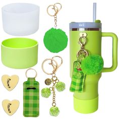 a green cup, keychain, mug, and other items are arranged on a white background