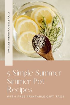 a glass bowl filled with lemon slices and rosemary sprigs, next to a wooden spoon