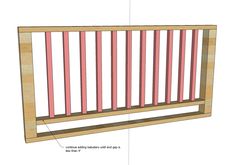 a wooden bench with pink slats on it's sides and the measurements below