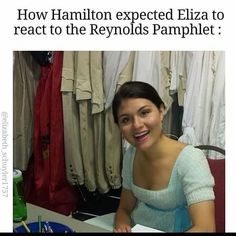 a woman sitting at a table with food in front of her and the caption how hamilton expected elizabeth to react to the reynolds