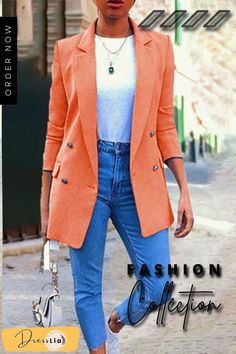 Fashion Solid Patchwork Turndown Collar Outerwear(9 Colors) Non-stretch Outerwear With Pockets For Work, Casual Orange Blazer For Winter, Fitted Casual Blazer In Solid Color, Fitted Casual Orange Outerwear, Casual Fitted Orange Outerwear, Casual Orange Blazer For Work, Casual Orange Fall Blazer, Non-stretch Workwear Outerwear With Pockets, Turndown Collar