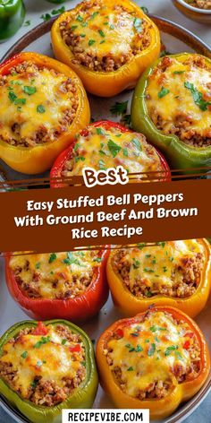 stuffed bell peppers with ground beef and brown rice recipe in the middle on a plate