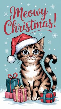 a christmas card with a cat wearing a santa hat