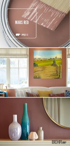 three different views of a living room with pink walls