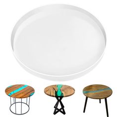 three small tables and one large plate on a white background