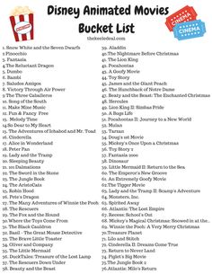 the disney animated movies bucket list is shown in red and blue, with words above it