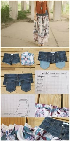 the instructions for how to make an easy skirt out of old denims and fabric