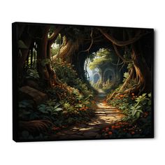 a painting of a forest with lots of trees and flowers on the path leading to an entrance