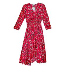 100% Viscose Size - 3 Bust - 17.5 Waist - 11.5 Length - 45 Red Floral Print Knee-length Dress, Red Knee-length Dress With Floral Print, Elegant Red Floral Midi Dress, Silk Red Floral Print Maxi Dress, Spring Floral Print Silk Dress, Red Midi Length Spring Dress, Red A-line Maxi Dress For Casual Occasions, Red A-line Midi Dress For Brunch, Spring Floral Print Silk Midi Dress