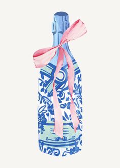 a blue and white bottle with a pink ribbon on the top that is tied to it