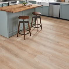 two stools sit in front of an island with wooden counter tops and blue cabinets