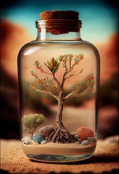 a glass jar filled with rocks and a bonsai tree in the bottom, sitting on top of a sandy surface