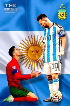 two soccer players are facing each other in front of the flag