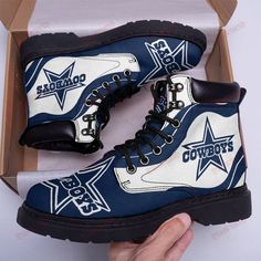 Dallas Cowboys Classic Boots - Premium Shoes/ Premium Leather Boots - Gift For Sports Lovers 04 Streetwear Boots With Branded Insole And White Sole, Round Toe Boots With Laces And White Sole, Casual Synthetic Lace-up Boots, Streetwear Boots With White Sole And Round Toe, White Sole Round Toe Boots For Streetwear, White Sole Boots With Round Toe For Streetwear, Sporty High-top Sports Boots, Sporty High-top Boots For Sports, Casual High Ankle Boots