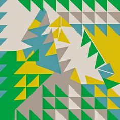 an abstract painting with green, yellow and white shapes in the center on a green background