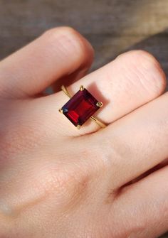 Red Stone Rings For Women, Ruby Engagement Ring Emerald Cut, Red Ruby Ring Gold, Emerald Cut Garnet Ring, Red Stone Ring Women, Emerald Cut Gemstone Ring, Emerald Cut Ruby Engagement Ring, Ruby Ring Aesthetic, Emerald Cut Ruby Ring