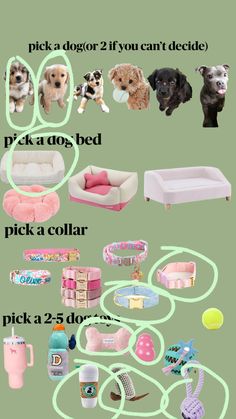 there are many different types of dog toys in this photo, including dogs and bedding