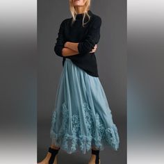 Anthropologie Ruffled Tulle Midi Maxi Skirt Elastic Waist Lined Sky Blue New Without Tags Size: S Retail Price $168 28 Inches Around Waist Relaxed 35 Inches Long Feminine Blue Tiered Skirt, Flowy Blue Feminine Skirt, Spring Blue Voluminous Skirt, Blue Ruffled Bottoms For Fall, Blue Flowy Feminine Skirt, Blue Full Skirt With Ruffles, Feminine Flowy Blue Skirt, Chic Blue Bottoms With Tulle Skirt, Feminine Blue Lined Skirt