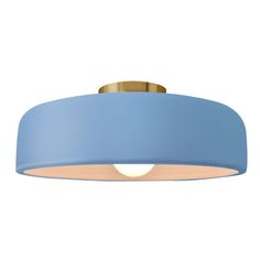 a light blue ceiling fixture with a gold rim and an oval shade on the bottom