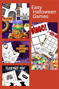 halloween games and activities for kids to play on the table with text overlay that reads easy halloween games