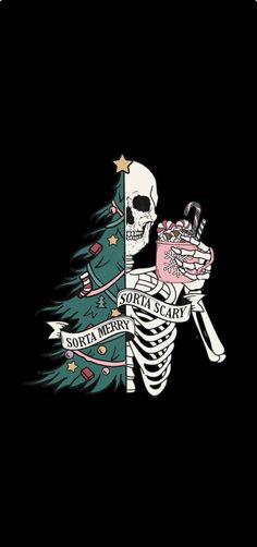 a skeleton holding a cake in front of a christmas tree