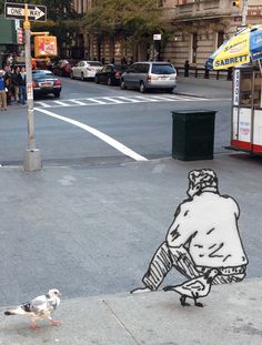 a drawing of a man sitting on top of a bench next to a seagull