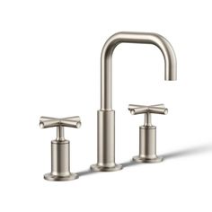 two handle bathroom faucet in brushed stainless finish with matching handles and side spray