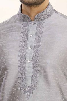 Buy Men's Art Dupion Silk Embroidered Kurta Set in Grey Online - Front Full Sleeve Kurta, Silk Anarkali, Large Dangle Earrings, Silk Clutch, Chinese Collar, Silk Bottoms, Dupion Silk, Gray Silk, Cotton Bottoms