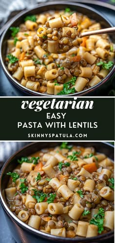 pasta with lentils in a skillet is being lifted by chopsticks to eat