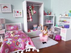 a dollhouse bedroom with toys on the floor