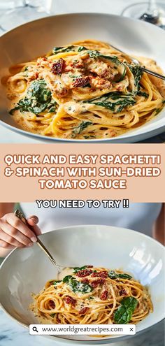 two pictures showing different types of pasta and sauces with the words quick and easy spaghetti & spinach with sun - dried tomato sauce you need to try it