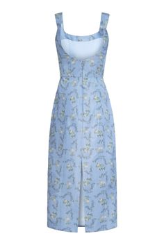 a blue dress with white flowers on it