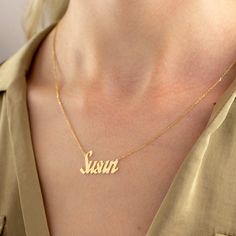 14K Solid Gold Personalized Name Necklace / Perfect gift for Her 14k Solid Gold Features ⏺Made to Order. ⏺Made in the USA. ⏺Gold KT: 14K ⏺Custom Gold Color: Rose Gold, Yellow Gold, White ⏺Ready to Ship in 1 Week Silver Product Features ⏺ MATERIAL: 925K Sterling Silver ⏺ COLOR: Silver, Gold, Rose Gold ⏺ FINISH: High-Quality Plated Chain Lengths - 14 inches - 16 inches - 18 inches - 20 inches Customizable Gold Jewelry As Gift, Customizable Yellow Gold Necklace Gift, Customized Gold Necklace For Gifts, Customizable Gold Jewelry For Gifts, Customizable Gold Jewelry For Gift, Customizable Gold Jewelry Gift, Custom Name Gold Plated Jewelry Gift, Custom Name Gold-plated Jewelry Gift, Gold Charm Necklaces With Name For Gift