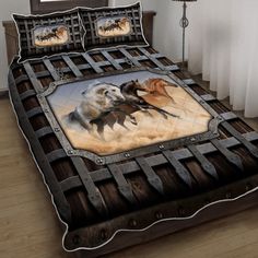 a bed with two horses on it in a room