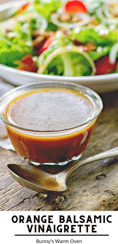 Orange Balsamic Vinaigrette sitting on a wooden table in a small glass bowl with a spoon beside it. Orange Vinaigrette Dressing, Garden Lettuce, Garden Salads, Vinaigrette Dressing Recipe, Orange Vinaigrette, Squeezed Orange Juice, Citrus Vinaigrette, Citrus Dressing