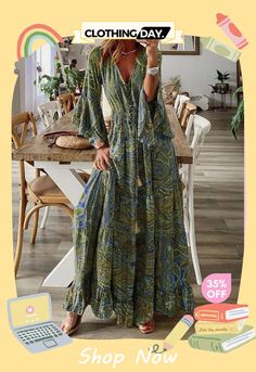 Women Fashion Casual Bohemian Tiny Flower Print V-neck Horn Sleeve Maxi Dress Green Floral Print Summer V-neck Dress, Green Floral Print Maxi Length V-neck Dress, Green Bohemian V-neck Dress For Summer, Green Floral Print V-neck Dress For Summer, Hippie Boho Print V-neck Dress, Bohemian V-neck Maxi Dress With Floral Print, Printed V-neck Boho Dress For Festivals, Bohemian V-neck Floral Print Maxi Dress, Bohemian V-neck Fall Dresses