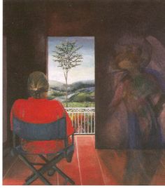 a painting of a person sitting in a chair looking out the window at a tree