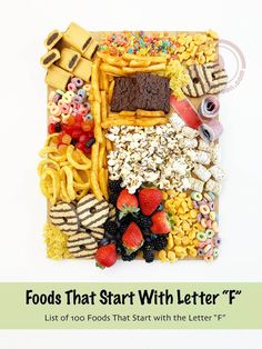 food that start with letter f is displayed in front of a white background and the words, foods that start with letter f