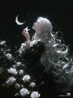 a woman with long white hair holding a flower in her hand and looking up at the sky