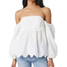 Misa Los Angeles Sera Top. A Feminine Babydoll Top Cut From A White Cotton Eyelet. Long Puff Sleeves Feature An Elastic Trim And Can Be Worn On Or Off The Shoulder. A Fitted Bodice With Shirred Elastic Back Opens Into An Eyelet-Trimmed Hem. Pullover Styling. Elastic Shoulders For The Option To Wear The Sleeves On The Shoulder Or Hanging Off. Smocked Back Panel. Zig-Zag Hem. Lightweight Eyelet Fabric. Material: 100% Cotton. Brand: Misa Los Angeles Style: Bstp8588 Color: White Eyelet Size: S Small Feminine Puff Sleeve Top With Broderie Anglaise, Feminine Broderie Anglaise Puff Sleeve Tops, Feminine Tops With Broderie Anglaise For Brunch, Cotton Off-shoulder Blouse For Daywear, Feminine Broderie Anglaise Tops For Brunch, Broderie Anglaise Long Sleeve Tops For Day Out, Fitted Broderie Anglaise Blouse For Day Out, Feminine Off-shoulder Cotton Top, Fitted Tops With Broderie Anglaise For Day Out