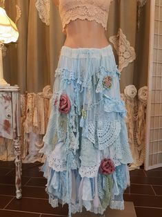 Fairytale Fashion Casual, Boho Upcycled Clothing, Mermaid Core Skirt, Spring Flowy Skirt With Lace Patchwork, Blue Skirt Outfit Ideas, Summer Fairycore Tiered Skirt, Bohemian Skirt With Lace Patchwork, Flowy Lace Patchwork Tiered Skirt, Spring Fairycore Ruffled Skirt