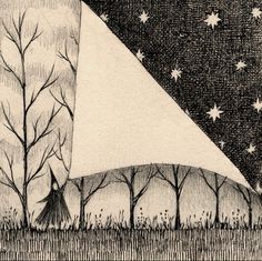 a black and white drawing of trees in front of a sky with stars on it