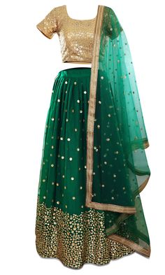 Gorgeous gold and green lehenga, 3-piece set. The blouse is covered in beautiful gold sequined embroidery. Festive Green Anarkali Set For Reception, Green Festive Sets For Reception, Green Festive Sets For Receptions, Festive Green Sets For Reception, Green Sharara For Reception And Navratri, Pista Green Lehenga With Sequins For Wedding, Green Festive Set For Reception, Green Kundan Sharara For Eid, Festive Pista Green Anarkali Set With Sequins