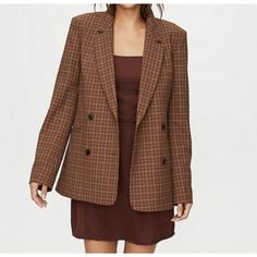 Introducing The Sunday Best Freshman Plaid Blazer Jacket In Brown Rose, Size M. This Stylish Jacket Features A Plaid Pattern With A Houndstooth Grid, And Is Made Of Multiple Outer Shell Materials With Button Closure. The Accents Of Buttons Make This Jacket Stand Out, And It&Apos;S Perfect For Any Season, With A Recommendation For Dry Clean Only For Garment Care. Crafted By The Designer Sunday Best, This Jacket Is A Regular Fit And Falls Under The Category Of Women&Apos;S Clothing, Specifically C Plaid Sport Coat With Pockets For Work, Tailored Plaid Outerwear With Double Button Closure, Houndstooth Pattern Outerwear With Suit Collar For Fall, Fall Plaid Notch Lapel Sport Coat, Plaid Notch Lapel Sport Coat For Fall, Fall Plaid Sport Coat With Notch Lapel, Tailored Plaid Sport Coat For Fall, Fall Sport Coat With Houndstooth Pattern And Suit Collar, Plaid Notch Lapel Tweed Jacket For Spring